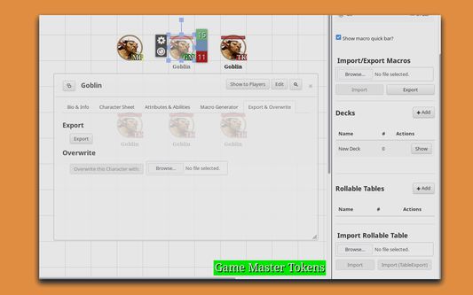 Showcases:
- the compact version of the redesigned radial menu
- Character, Rollable table, macro export/import widgets
- Transparent dialogs
