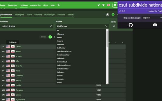 Ranking view with popup to change language and dropdown to update the region in osu