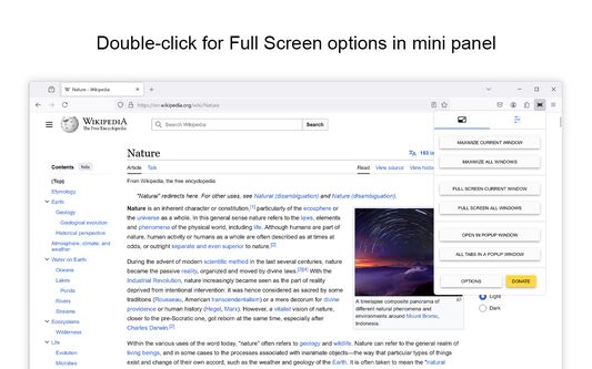 Double click on the Full Screen icon to get the mini settings panel